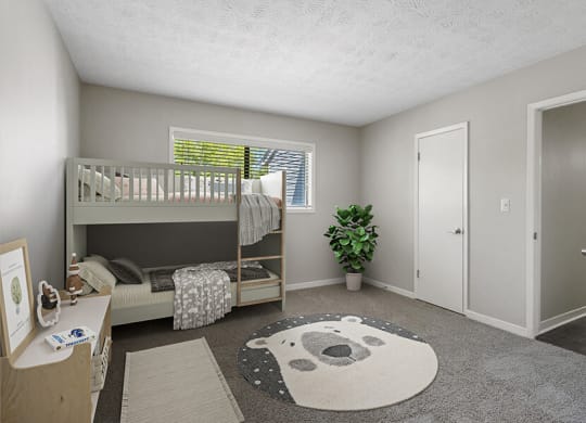 Model Bedroom with Carpet, Closet and Window View at Lakeside Retreat Apartments located in Peachtree Corners, GA.