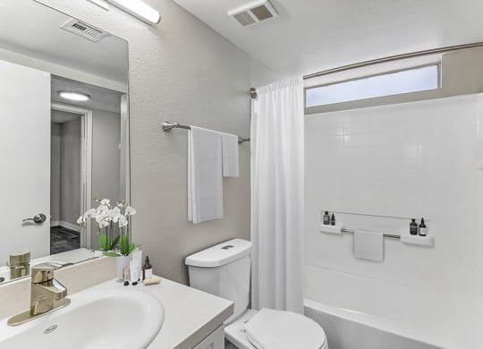 Model Bathroom with White Cabinets and Wood-Style Flooring at Meadow Ridge Apartments in Las Vegas, NV.