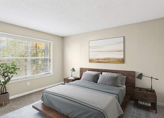 Model Bedroom with Carpet and Window View at Element 41 Apartments located in Marietta, GA.