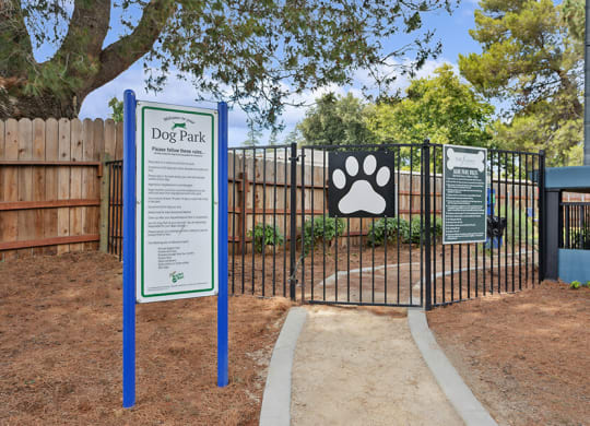 Community Dog Park Entrance at Fountains at Point West Apartments in Sacramento, CA.