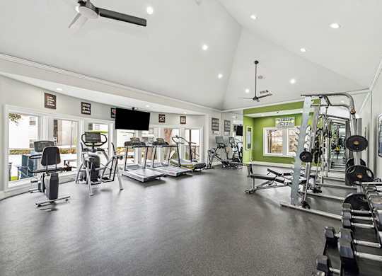 Community Fitness Center with Equipment at Bridges at Oakbend Apartments located in Lewisville, TX.