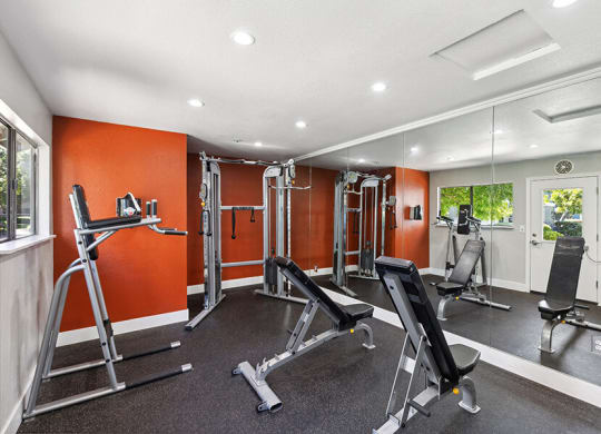 Community Fitness Center with Equipment at Bridges on Sunset Apartments located in Suisun City, CA.