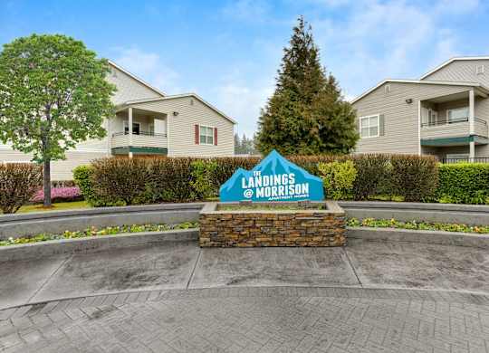 Community Monument Sign and Landscape at Landings at Morrison Apartments located in Gresham, OR.