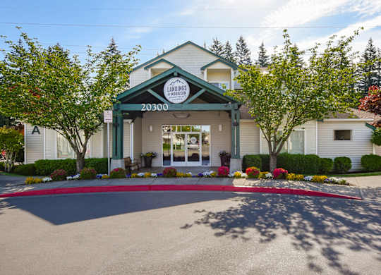 Community Clubhouse Front Entrance at Landings at Morrison Apartments located in Gresham, OR.