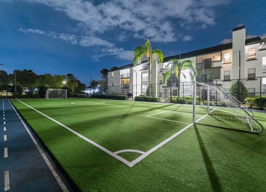 Community Soccer Field with Nets at Rosehill Preserve Apartments located in Orlando, FL.
