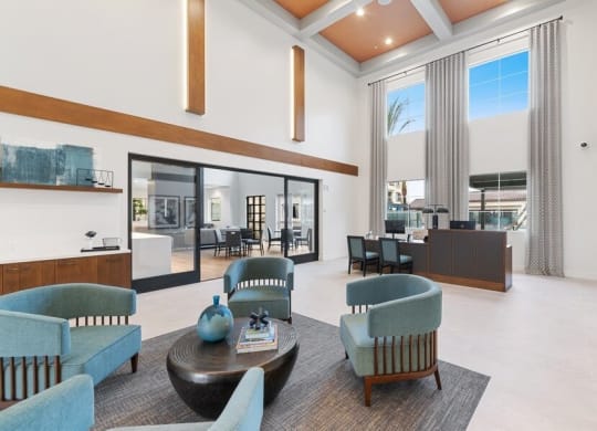Community lunge area with large windows