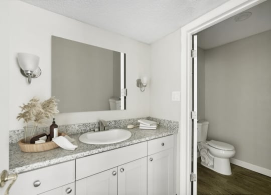 Model bathroom with white vanity