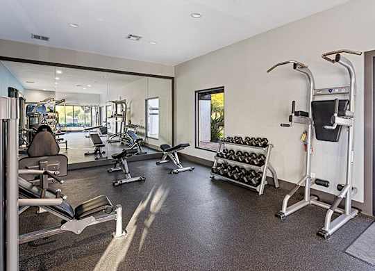 A spacious gym with a variety of equipment including treadmills, weights, and exercise machines.