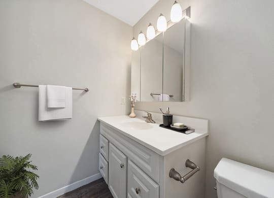 Model Bathroom with White Cabinets and Wood-Style Flooring at The Commons at Haynes Farm Apartments in Boston, MA.