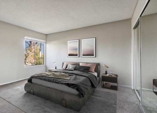 Model Bedroom with Carpet & Window View at Forest Park Apartments in El Cajon, CA.