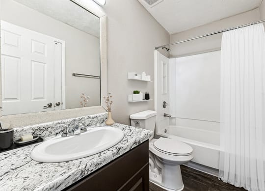 Model Bathroom with Dark Cabinets, Wood-Style Flooring and Shower/Tub at Paramont Apartments in Duluth, GA.