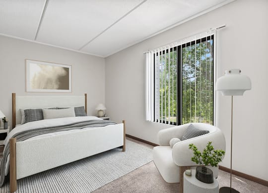 Model Classic Unit Bedroom with Carpet and Window View  at Elevate on Parkway, Burnsville, Minnesota, 55337
