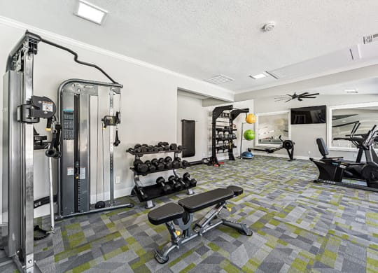 Community Fitness Center with Equipment at Paramont Apartments in Duluth, GA.