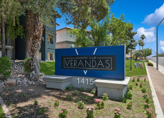 Community Monument Sign and Landscape at Country Club Verandas Apartments located in Mesa, AZ.