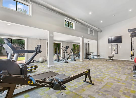 Community Fitness Center with Equipment at Stoney Trace Apartments in Charlotte, NC.