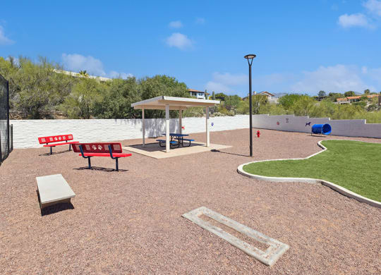 Community Dog Park with Agility Equipment at Hilands Apartments in Tucson, AZ.