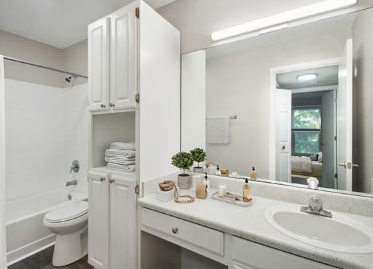 Model Bathroom with White Cabinets, Wood-Style Flooring & Shower/Tub at Arbor Village Apartments located in Charlotte, NC.