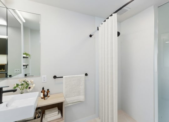 Model bathroom with shower and black hardware