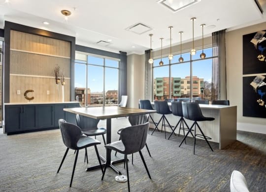 Bar table area with large windows
