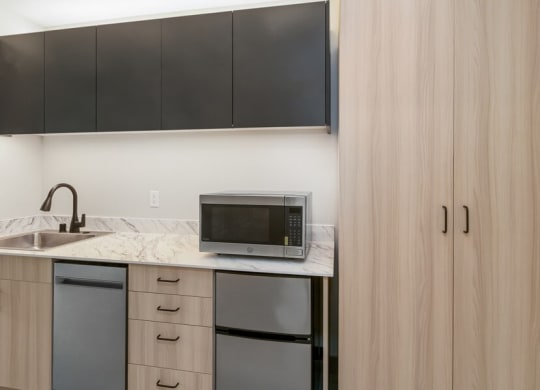 Model kitchen with mini fridge and microwave