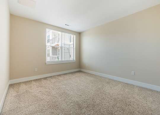 A room with a carpeted floor and a window with blinds.