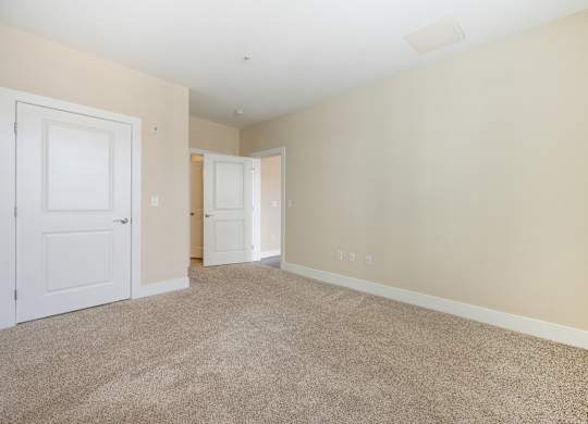A room with beige walls and carpeted floor.