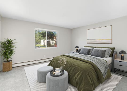 Model bedroom with queen bed