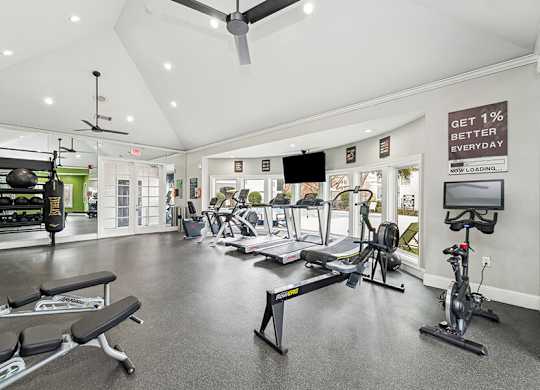 Community Fitness Center with Equipment at Bridges at Oakbend Apartments located in Lewisville, TX.