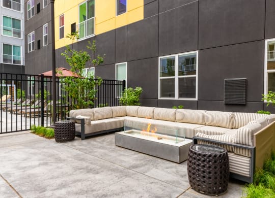 Outdoor patio lounge with firepit