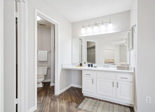 Attached Model Bathroom with White Cabinets and Wood-Style Flooring at Westland Park Apartments in Jacksonville, FL.