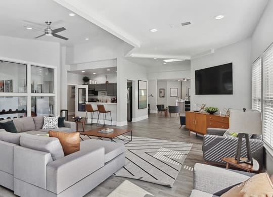 Community Clubhouse with Lounge Furniture and Kitchenette Area at Abbington Heights Apartments in Antioch, TN.