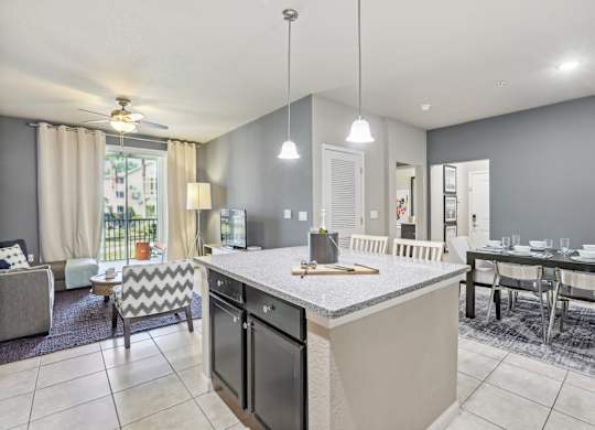 Model kitchen with island.