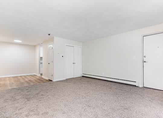 A room with white walls and carpeted floor with three doors.