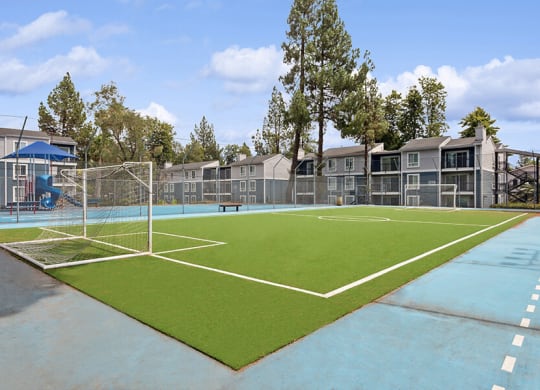 Community Soccer Field with Nets at Fountains at Point West Apartments in Sacramento, CA.