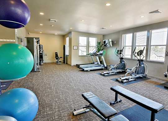 A gym with a variety of equipment including treadmills, weights, and exercise balls.