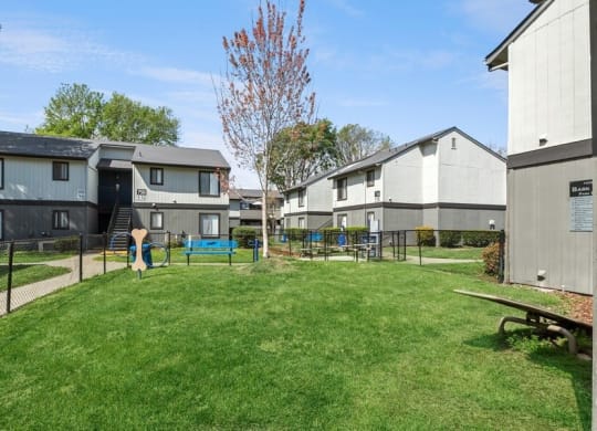 Fenced-in dog park with agility equipment at Bridges on Sunset Apartments in Suisun, CA