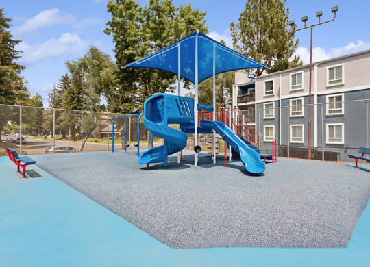 Community Playground with Two Slides and a Blue Canopy at Fountains at Point West Apartments in Sacramento, CA.
