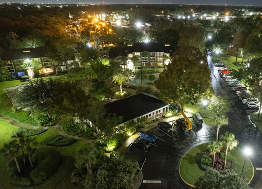 Aerial View of Community Clubhouse and Parking Lot at Fountains at Lee Vista Apartments in Orlando, FL.