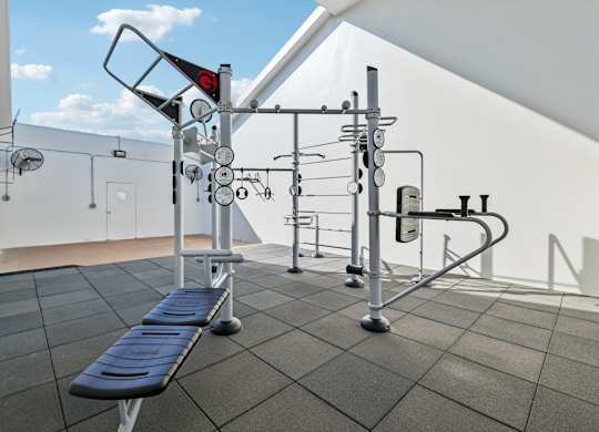 A gym with a bench, weights and exercise equipment.