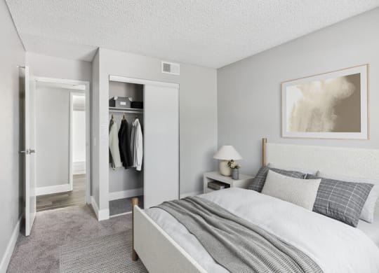 a bedroom with a bed and a closet