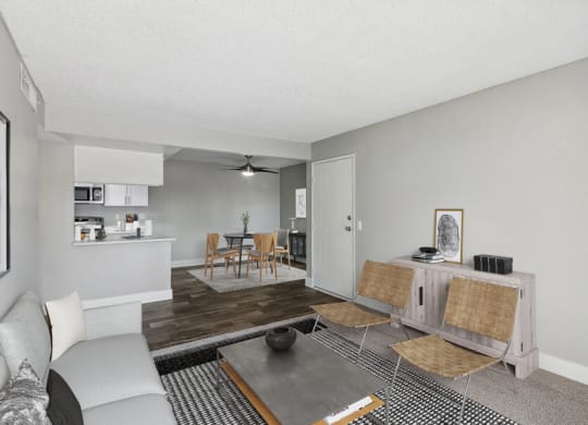 a living room with a couch and a table