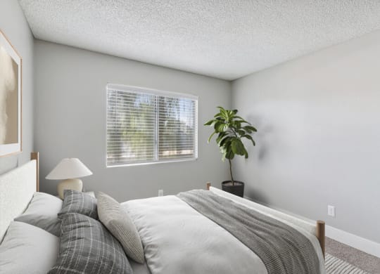 an empty bedroom with a bed and a window