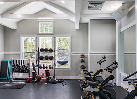 A gym with a row of stationary bikes and a variety of other equipment.