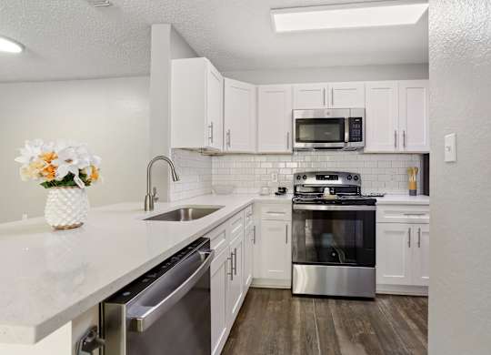 Model kitchen with stainless steel appliances at Hunters Green in Tampa, Florida.