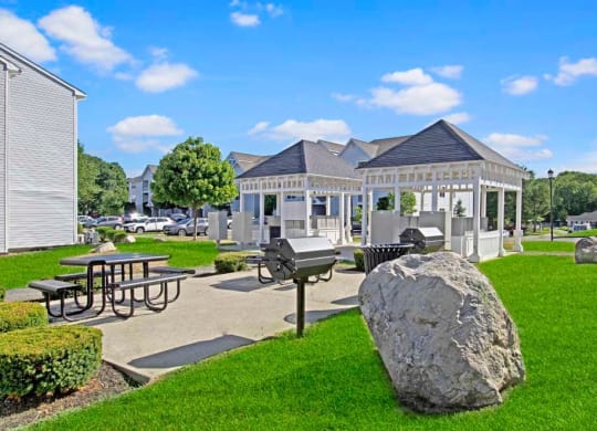 a park with picnic tables and bbq pits