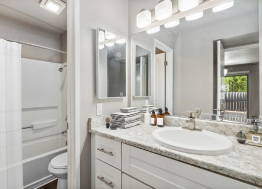 Model apartment bathroom with a sink and a toilet