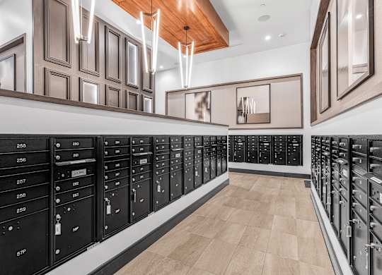 Community Mail Room at Ovation at Galatyn Park Apartments located in Richardson, TX.