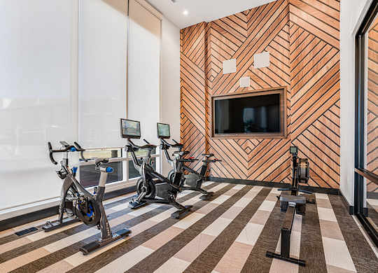 Community Fitness Center with Equipment at Ovation at Galatyn Park Apartments located in Richardson, TX.