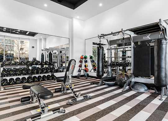 Community Fitness Center with Equipment at Ovation at Galatyn Park Apartments located in Richardson, TX.