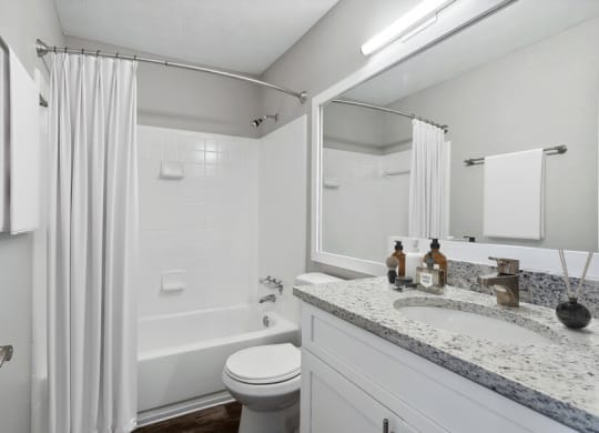 Model apartment bathroom with a sink toilet and a shower